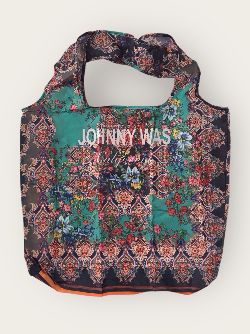 Johnny Was CA NWOT Floral Tote Nylon Reusable Folding Shopping Bag Teal & Pink